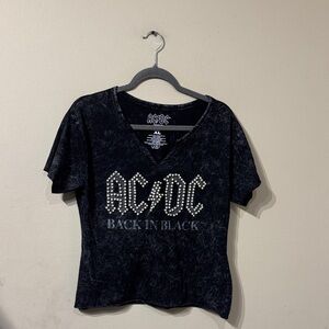 Cropped Black AC/DC Band T-Shirt sz XL w/ pearl bead embellishments